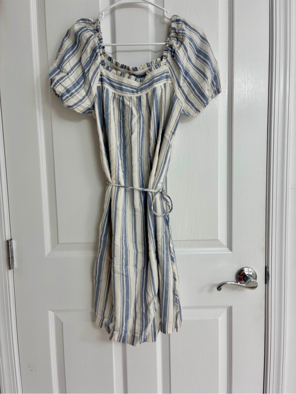 LOFT Striped Blue and Cream Peasant Dress. Size Small.